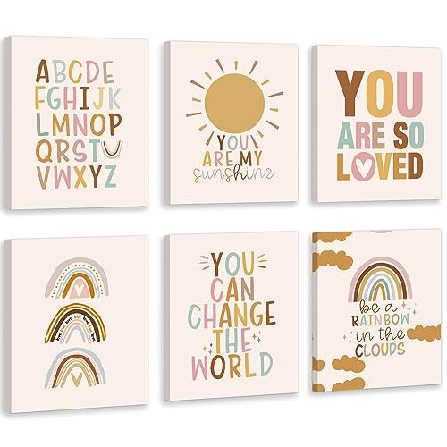 CHDITB Nursery Wall Art, You Are My Sunshine Rainbow Canvas Framed Posters, Set Of 6(12”X16”) Colorful Alphabet Classroom Artwork Boho Weather Kids Art Prints Wall Decor For Girls Room Boy Bedroom