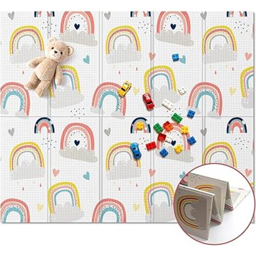 Noonkty 71x59 Foldable Foam Baby Play Mat for Floor, Babies Activity Tummy Time Playmat, Kids Non Toxic Foam Thick Play Mat for Baby, Toddlers, Waterproof & Anti-slip Crawling Mats,Rainbow,71x59x0.4