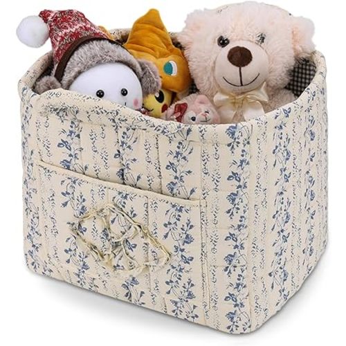 Storage Basket Boho Fabric Large Collapsible Floral Laundry Nursery Hamper Portable Folding Storage for Clothes Toys (Vine-Blue C)