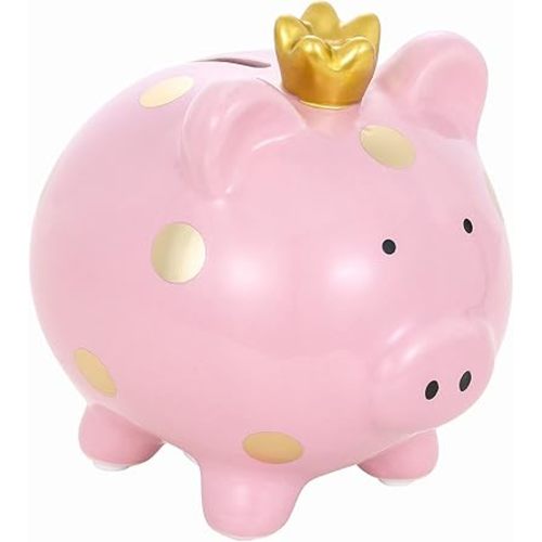 Ceramic Piggy Bank, Crown Princess Money Box Ceramic Piggy Crown Bank Cartoon Spotted Pig Home Furnishings Crafts Family Personalized Decor Money Box (Pink)
