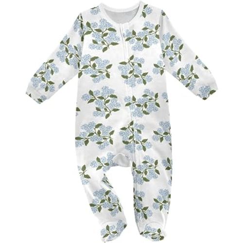 Blue Blooming Hydrangea Floral Baby Girl Boys Sleeper Newborn Baby Play One Piece Footie Infant Romper, 0-24 Months
