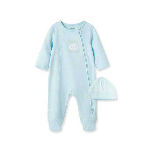 New Blue Welcome to the World Zip Front Footed One-Piece & Hat