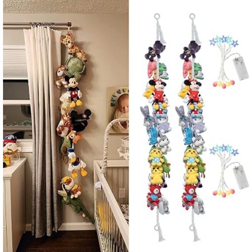 2PCS Stuffed Animals Storage Chain Organizers 80" Cotton Hanging Storage Chain with 2 Pcs Led Light 40 Metal Clips Stuffed Animal Display Holder Chain for Nursery Play Room (White)
