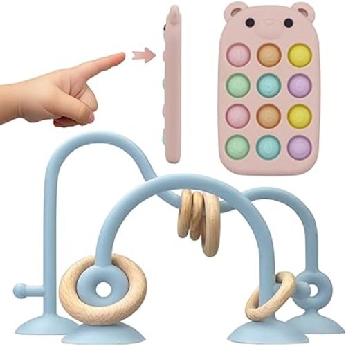 High Chair Suction Toys Baby Teething Chew - Baby Teething Toys Silicone Teethers Table Toys, Food Grade Silicon for 6 12 18 Months (BeigeRPink)