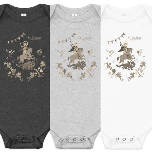 St. George Catholic Onesie Baby short sleeve t-shirt with snaps, feat. Traditional Imagery Shield, Sword, Dragon, Knight, Horse 100% Cotton