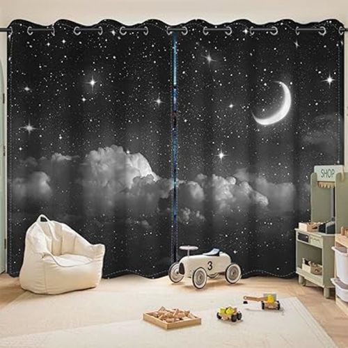 Starry Sky Blackout Window Curtains Dark Night Twinkle Stars and Bright Moon White Clouds Window Drapes for Living Room Bedroom Decorative Set of 2 Panels, 42x96 Inch