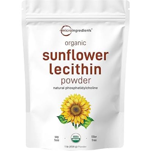 Micro Ingredients Organic Sunflower Lecithin Powder, 1 Pound, Sustainable Farmed, Cold Pressed, Rich in Phosphatidyl Choline and Protein, Making Liposomal Vitamin C, Lactation Supplement, Non-GMO