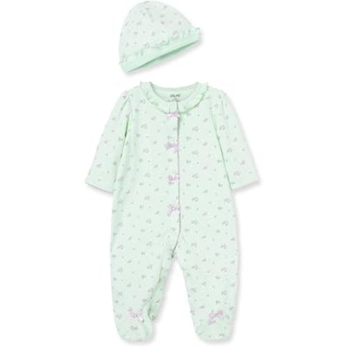 Little Me Clothes for Baby Girls 100% Cotton Scratch-Free Tag Footed One-Piece Romper and Hat Sleeper Set
