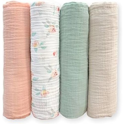 SwaddleDesigns Cotton Muslin Swaddle Blankets for Baby Girl, Set of 4, Receiving Blankets for Newborn, Baby Registry & Gift, 46x46 inches, Watercolor Peachy Pink Floral