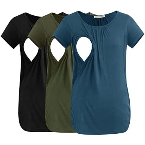 Smallshow Women's Nursing Tops Ruched Short Sleeve Breastfeeding Shirts 3-Pack