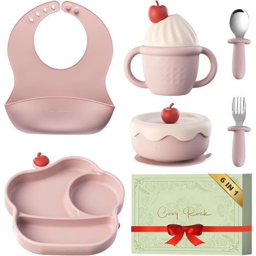 Silicone Baby Feeding Set, Gelato Collection 6-Piece BLW Starter Kit with Strong Suction Plate & Bowl, Straw Cup, Bib, Fork & Spoon, First Self-Feeding Ice Cream Set - Pink