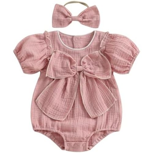 Newborn Infant Baby Girl Summer Clothes Cotton Linen Short Sleeve Bubble Romper Bow Bodysuit with Headband
