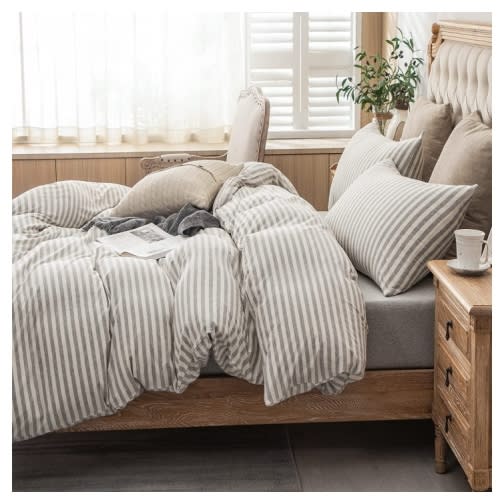 Pure Era Jersey Knit Duvet Cover Set 3pc Comfy Bedding Set(Grey & White Stripe, King)