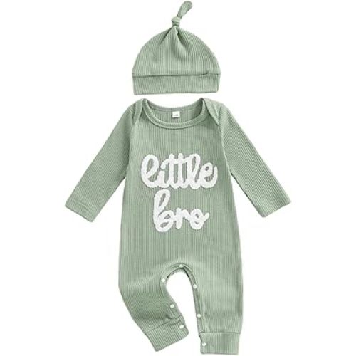 allshope Newborn Baby Boy Fall Outfit Romper Little Brother Lil Bro Long Sleeve Jumpsuit Bodysuit Cute Infant Waffle Clothes