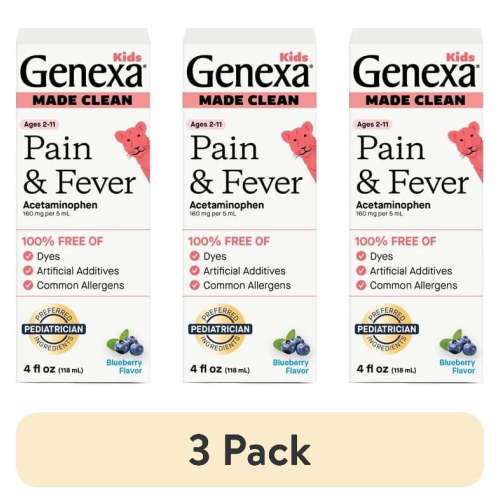 (3 pack) Genexa Kids’ Clean Pain & Fever Acetaminophen, Dye Free, Organic Blueberry, 4 fl oz