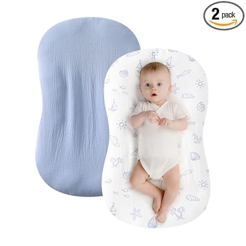 Baby Lounger Cover 2 Pack, 100% Organic Cotton Muslin, Soft & Breathable Newborn Lounger Slipcover, Fits Most Infant Loungers, Machine Washable, Neutral & Cute Designs