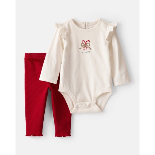 Baby Girl 2-Piece Candy Cane Ruffle Bodysuit & Pant Set - Cream/Red - Carter's | Carter's