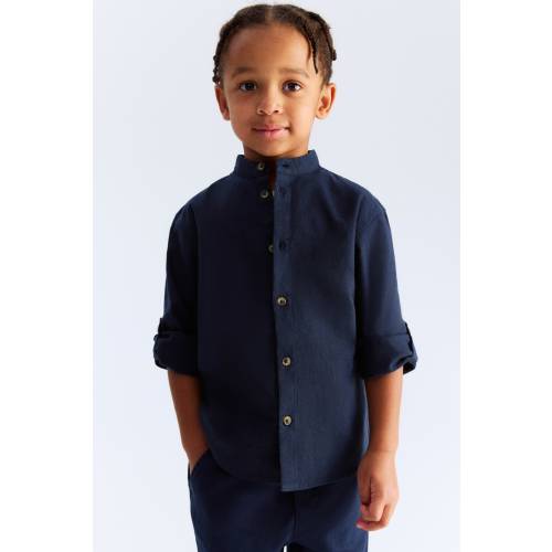 LINEN-BLEND BAND COLLAR SHIRT