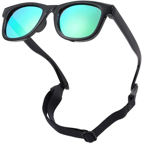 COASION Bendable Flexible Polarized Newborn Baby Sunglasses with Strap for Infant Boys Girls Age 0-12 Months - C1* Black/Green Mirror - 1.53 Inches