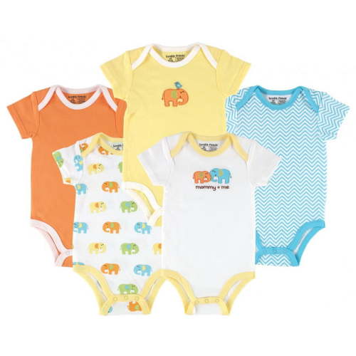 Luvable Friends Cotton Bodysuits 5pk, Yellow Elephant, 6-9 Months