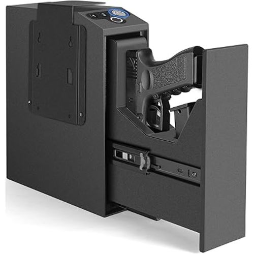 Biometric Slider Handgun Gun Safe for Nightstand, Desk, Bed Side,Truck - Auto Sliding Door Hand Gun Safe for Pistol -with Fingerprint, PIN Code, KEY Access