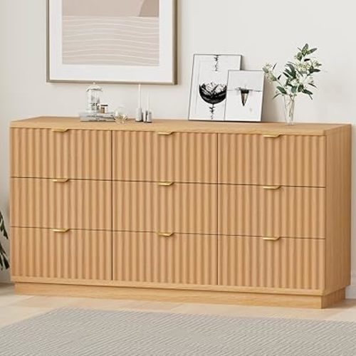 9 Drawer Dresser for Bedroom, 57.1" Wide Modern Chest of Drawers for Bedroom, Curved Profile Design, Wood Dresser for Living Room Entryway