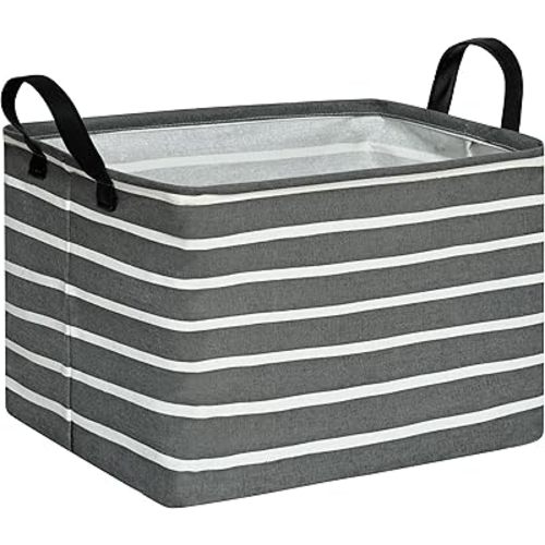 Rectangular Storage Bin Shelf Basket Canvas Fabric Toy Box,Waterproof Coating Nursery Hamper with Handles,Gift Basket for Home,Office,ClothesBooks(REC Gray stripe)
