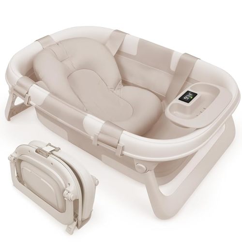 Jool Baby Fold ‘n Store Baby Bathtub – 3 Stage Collapsible Bather for Easy Storage, Portable for Travel – Built-in Thermometer (Oatmeal)