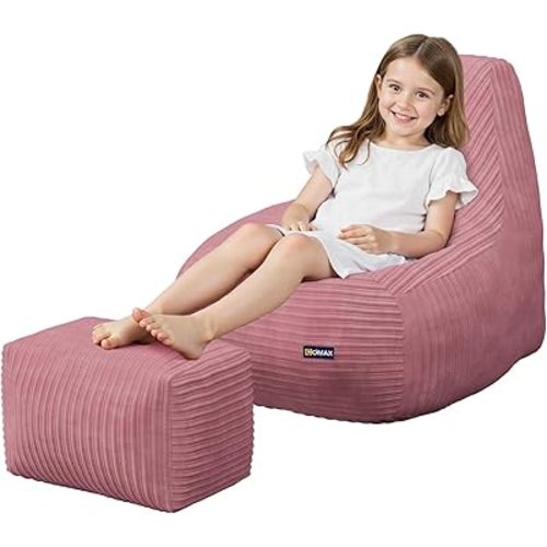 COMAX Kids Bean Bag Chair, Toddler Beanbag Chairs for Kids with Ottoman for Boys and Girls, Corduroy Couch Lounge with Filler Included, Floor Children Sofa Comfy for Reading and Classroom, Pink