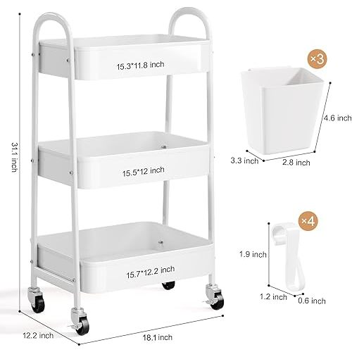 3 Tier Heavy Duty White Metal Rolling Cart with Lockable Wheels, Three Tier Roller Book Snack Cart, Utility Storage Organizer Carts for Kitchen, Bathroom, Garage, Baby Diaper, Craft, Art, Teacher