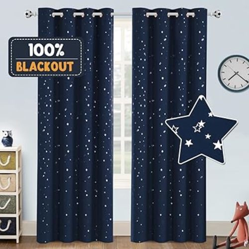PrinceDeco Blackout Kids Curtains for Bedroom Thermal Insulated Silver Twinkle Star Curtains for Boys Antique Grommet Top Window Treatment 2 Panels Drapes for Nursery (52" W x 84" L, Navy/Silver)