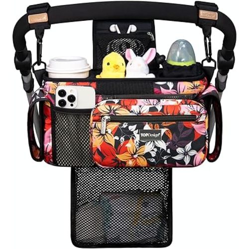 TOPDesign Universal Baby Stroller Organizer, Stroller Caddy with Detachable Mesh Bag & Heightened Insulated Cup Holders & Non-Slip Secure Hooks Accessories, Fits Most Strollers (Five Petal Flower)