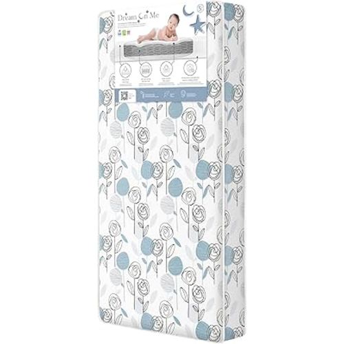 Dream On Me Nap Nest Crib and Toddler Mattress, Dual-Sided - Infants & Toddlers, Waterproof 5” Mattress with 88 Interwoven Coils, 75% Recycled Fiber, GREENGUARD Gold & BSA Certified – Teal Flowers