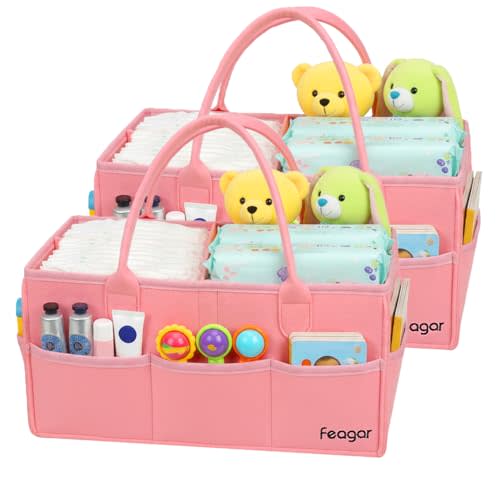 Feagar Baby Diaper Caddy Organizer, 15 Inch Large 2 Pack Set with 8 Pockets & 2 Dividers, Portable Nursery Storage Basket & Car Organizer for Changing Table, Travel (Pink)
