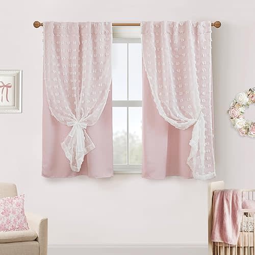 Short Blackout Curtains for Bedroom Windows,Sheer Black Out Curtains 54 Inch Long,Pink and White