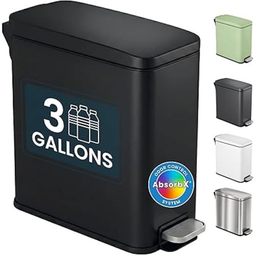 iTouchless 3 Gallon Small Wastebasket for Bathroom with Lid, Odor Filter, Soft-Step Stainless Steel Slim Garbage Bin, 11.5L Black Small Trash Can, Step Pedal, Modern Farmhouse Decor for Powder Room
