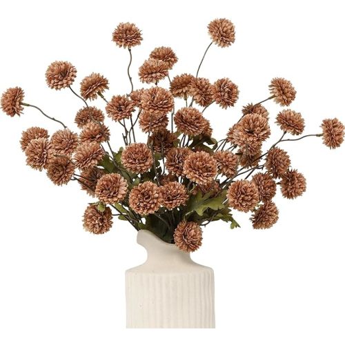 DuHouse 6pcs Artificial Flowers Faux Silk Pompon Mum,Silk Small Mini Chrysanthemum Ball with Stems for DIY Wedding Bouquets Centerpieces Vase Home Table Kitchen Decoration(Coffee)