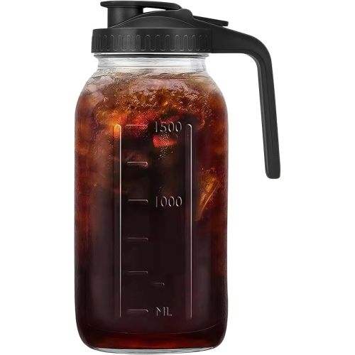64oz Glass Pitcher with Handle and Lid, 2 Quart Mason Jar Pitcher - Airtight & Leakproof Water Jug with Pour Spout Lid, Glass Containers for Fridge, Perfect for Juice, Cold Brew, Iced & Sun Tea