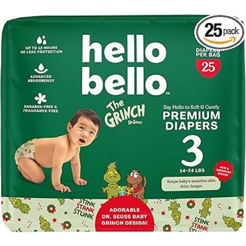 Hello Bello Diapers, Size 3 (14-24 lbs) Dr. Seuss Baby Grinch - 25 Count of Premium Disposable Baby Diapers, Hypoallergenic with Soft, Cloth-Like Feel