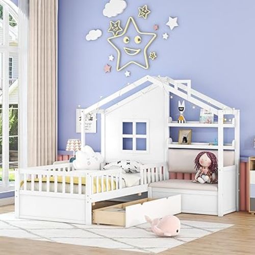 Bellemave Marco de cama individual para niños con sofá tapizado y 2 cajones, cama Montessori de madera con estantes de almacenamiento y rieles altos, cama de almacenamiento en forma de L para niños, niñas, color blanco