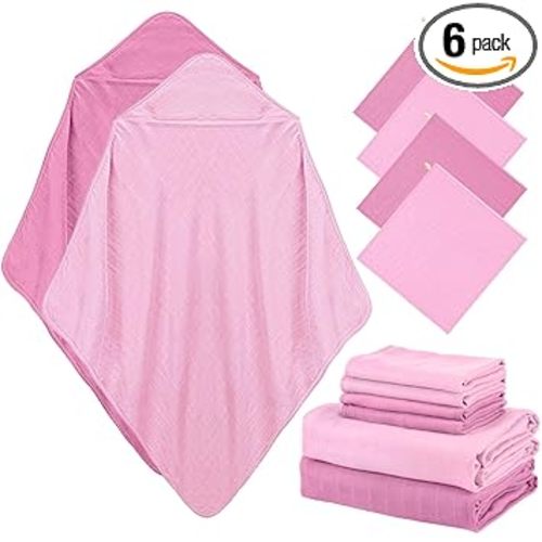 Preboun 6 Pcs Muslin Hooded Baby Towels and Washcloths 32"x 32" Cotton Newborn Bath Towel Anti-Shrink Infant Baby Blankets with Hood 12"x 12" Washcloths for Girl Boy Toddler(Rose Red,Pink)