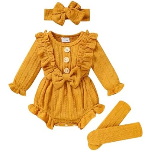 GRNSHTS Newborn Baby Girl Clothes Ruffle Solid Sweater Long Sleeve Romper+Hairband+Socks 3Pcs Fall Winter Outfits