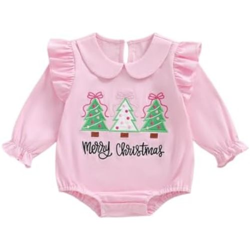 Baby Girl Christmas Outfit Santa Tree Ruffled Long Sleeve Smocked Bubble Romper Bodysuit Newborn Fall Winter Clothes