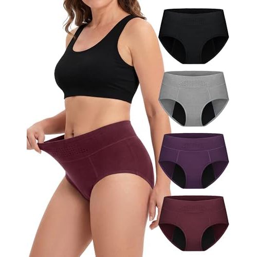 Period Underwear for Women, 4-Pack Leakproof Postpartum Panties Menstrual Underwear Incontinence Protective Briefs