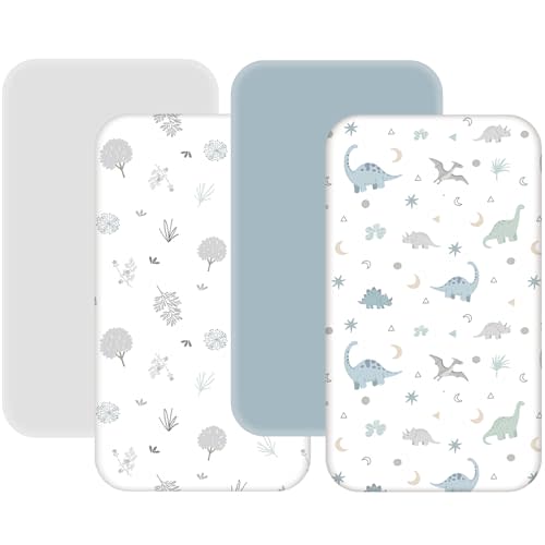 4 Pack Mini Crib Sheets Fitted - 38"x26" Pack and Play Sheets for Playard Mattress, Portable Mini Crib | Soft & Skin Friendly Pack N Play Sheets for Boys Girls (Dinosaur & Leaf)