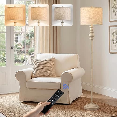 BOBOMOMO 64.25" Farmhouse Floor Lamp with Remote, Dimmable Floor Lamp with Adjustable Color Temperatures, Tall White Standing Floor Lamps for Living Room Corner, Bedroom & Nursery, 9W Bulb Included