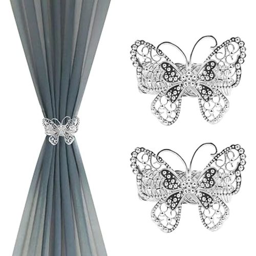 Silver Butterfly Curtain Tiebacks No-Drill Modern Metal Curtain Holdbacks Easy to Install for Rental House Dorm Present Elegant Home Decor, 2 Packs
