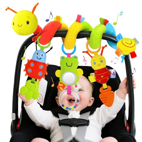 Zendstanding Spiral Car Seat Toys for Infants, 0-6 Months Carseat & Stroller Pram Separable Activity Hanging Toys with Rattle, Teethers, Newborn Soft Plush Travel Toy for Boys Girls Essentials Gifts