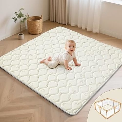 Fortella Extra Thick Baby Play Mat for 50" Playpen, 47"x47" Snug Fit Playpen Mat, Machine Washable Foam Play Mat for Floor - Portable, Non-Slip Tummy Time & Crawling Mat for Babies Toddlers (Forest Beige)