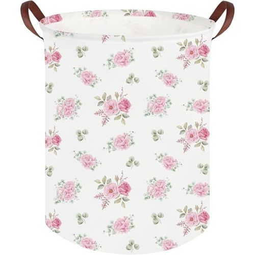 Pink Flower Laundry Basket,Nursery Baskets Girl Baby Storage Bins,Baby Girls Nursery Hamper,Waterproof foldable laundry basket,Gift Baskets,Pink Rose room Decor(Pink Rose)